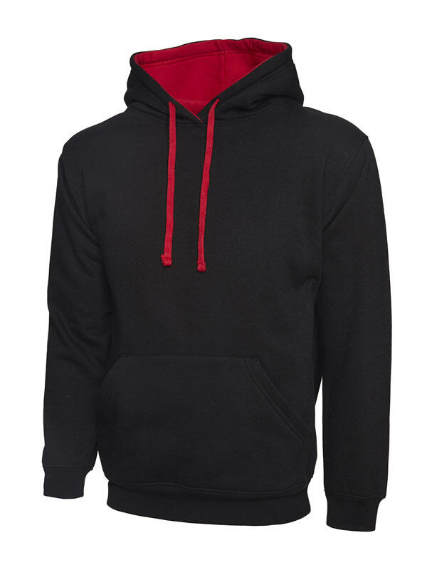 Uneek Clothing UC507 Black/Red Contrast Hooded Sweatshirt
