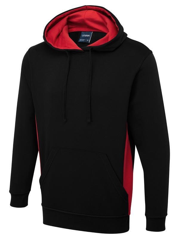Uneek Clothing UC517 Black/Red Two Tone Hooded Sweatshirt