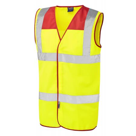 LEO Workwear BRADWORTHY ISO 20471 Cl 2 Coloured Yoke Waistcoat STD RED/HV YELLOW