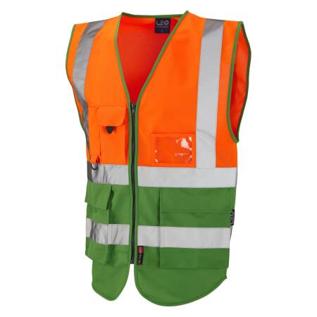 LEO Workwear LYNTON ISO 20471 Cl 1 Superior Waistcoat HV ORANGE/GREEN