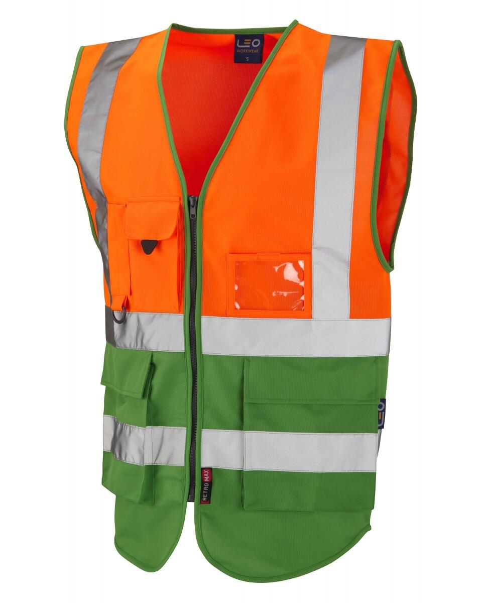 LEO Workwear LYNTON ISO 20471 Cl 1 Superior Waistcoat HV ORANGE/GREEN