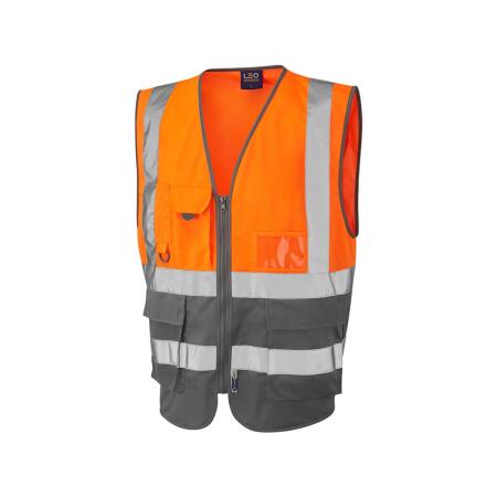 LEO Workwear LYNTON ISO 20471 Cl 1 Superior Waistcoat HV ORANGE/GREY