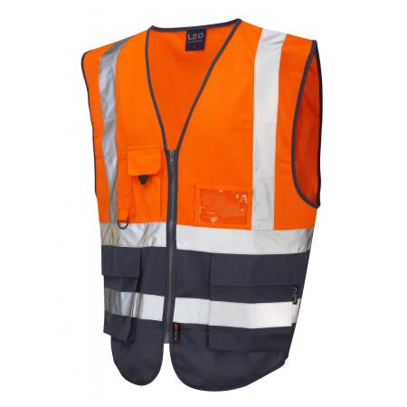 LEO Workwear LYNTON ISO 20471 Cl 1 Superior Waistcoat HV ORANGE/NAVY