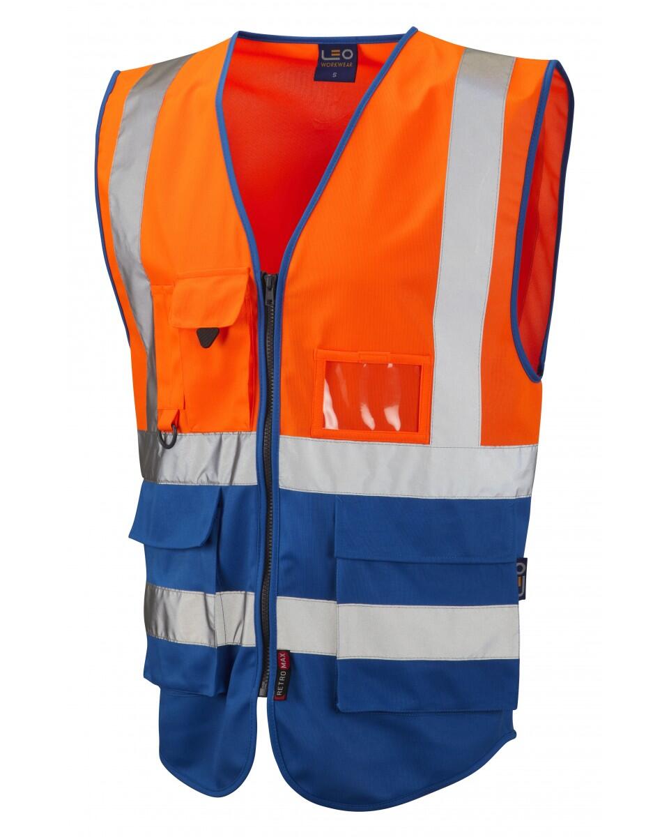 LEO Workwear LYNTON ISO 20471 Cl 1 Superior Waistcoat HV ORANGE/ROYAL