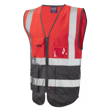 LEO Workwear LYNTON ISO 20471 Cl 1 Superior Waistcoat HV RED/GREY
