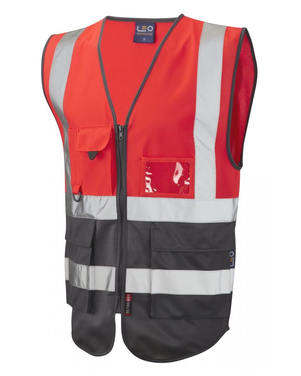 LEO Workwear LYNTON ISO 20471 Cl 1 Superior Waistcoat HV RED/GREY