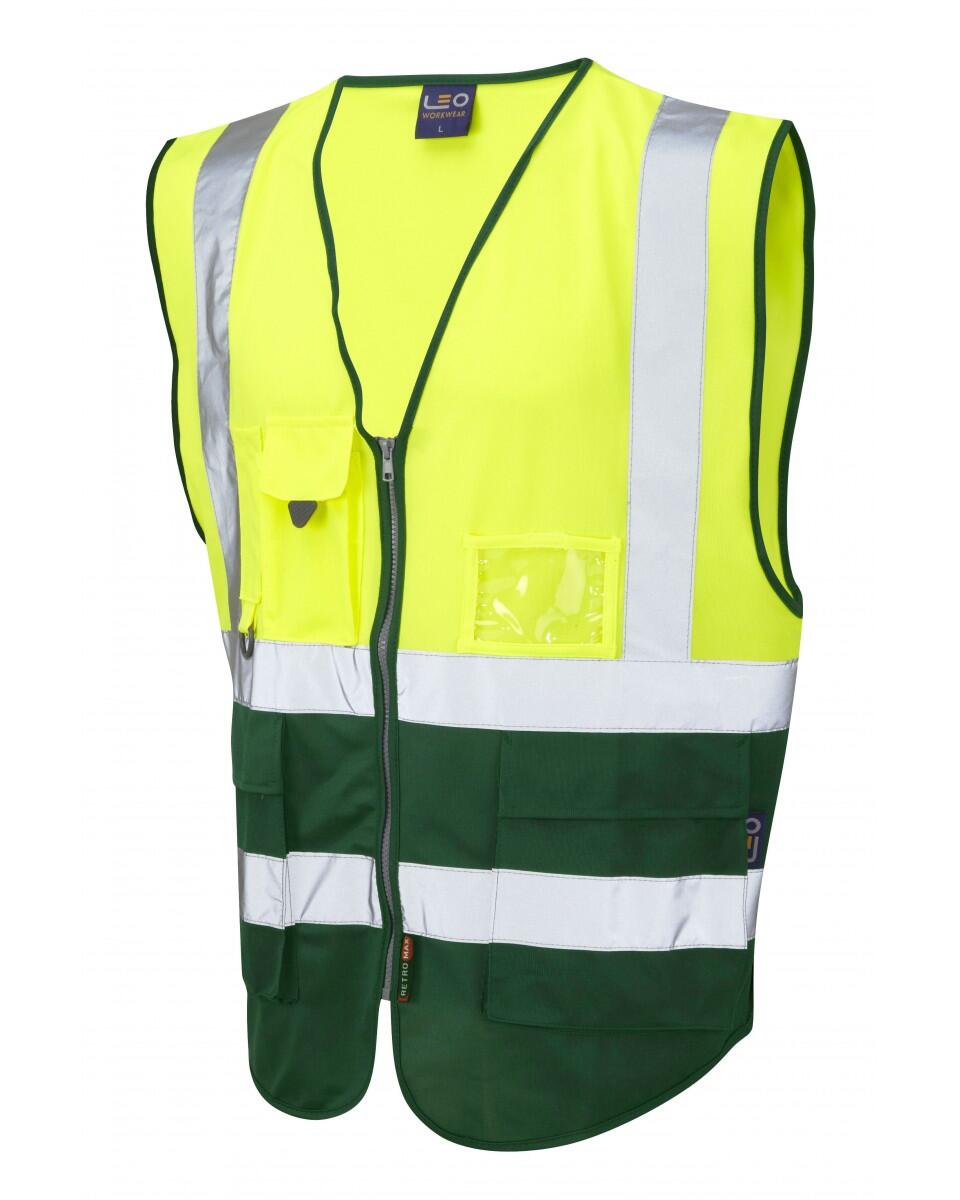 LEO Workwear LYNTON ISO 20471 Cl 1 Superior Waistcoat HV YELLOW/BOTTLE