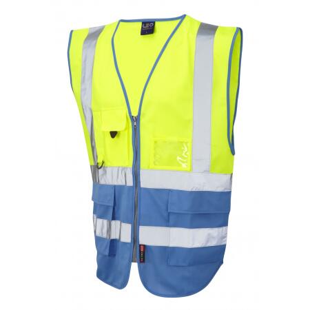 LEO Workwear LYNTON ISO 20471 Cl 1 Superior Waistcoat HV YELLOW/DEEP SKY BLUE