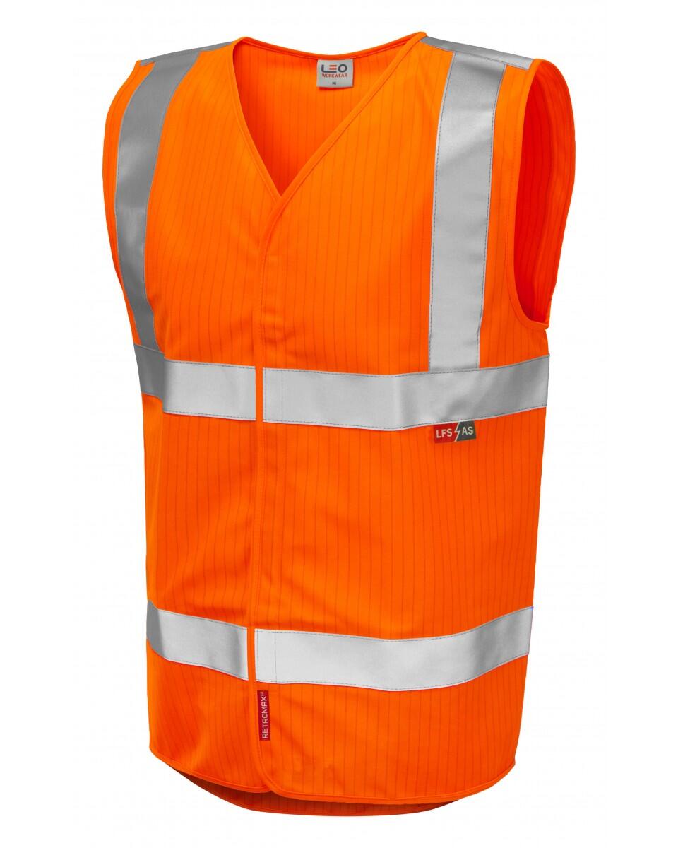 LEO Workwear CLIFTON ISO 20471 Cl 2 LFS Waistcoat (EN 14116/EN 1149) HV ORANGE