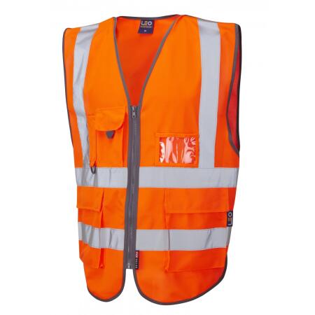 LEO Workwear BARNSTAPLE ISO 20471 Cl 2 Superior Railway Waistcoat HV ORANGE