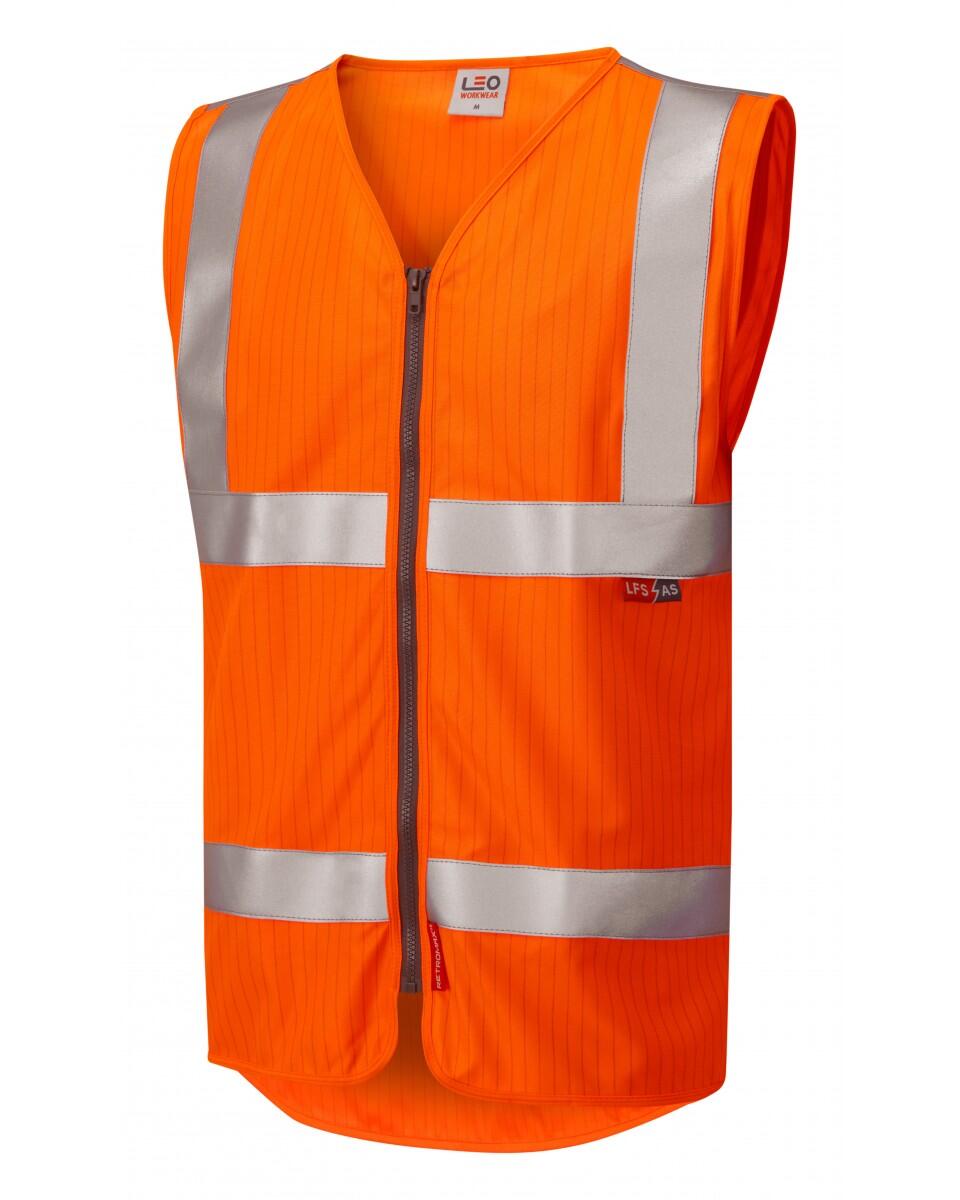 LEO Workwear JACOBSTOWE ISO 20471 Cl 2 LFS/AS Waistcoat Zip (EN 14116/EN 1149) HV ORANGE
