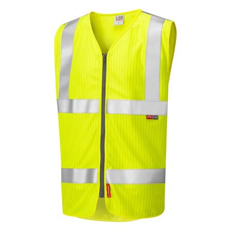 LEO Workwear JACOBSTOWE ISO 20471 Cl 2 LFS/AS Waistcoat Zip (EN 14116/EN 1149) HV YELLOW
