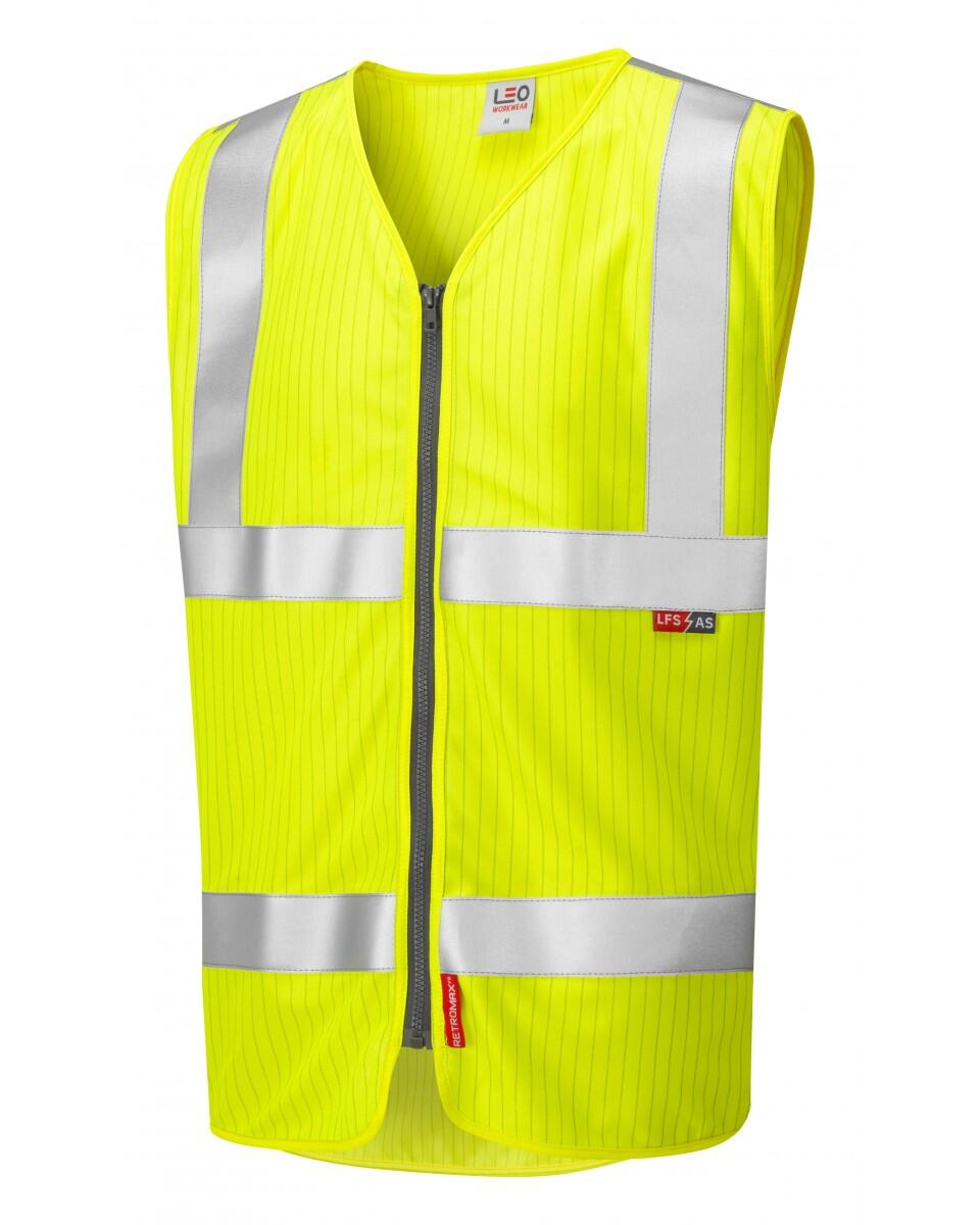 LEO Workwear JACOBSTOWE ISO 20471 Cl 2 LFS/AS Waistcoat Zip (EN 14116/EN 1149) HV YELLOW